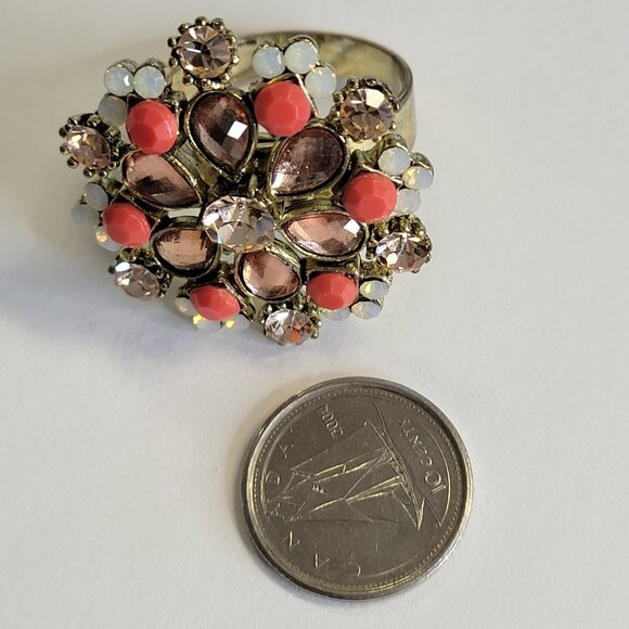 Coral and White Flower Ring,Crystal Floral Ring, Adjustable Flower Ring - Picture 4 of 14
